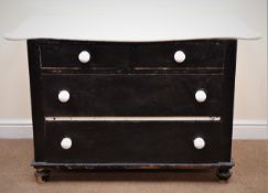 19th century painted pine chest, marble shaped top, two short and two long drawers, turned supports,