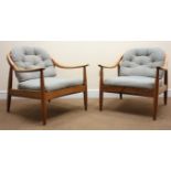 Pair Mid century Danish design teak framed spindle back armchairs, with loose cushions,