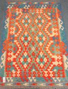 Chohi Kilim vegetable dye orange wool rug, repeating border,