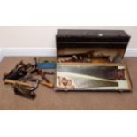 Vintage tool chest containing a quantity of high quality hand planes, a hand router, panels saw,