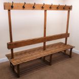 Vintage pine gym changing room back to back benches, raised centre with hooks, W221cm, H180cm,