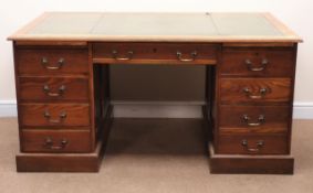 Early 20th century oak twin pedestal desk, green inset leather top, two slides,