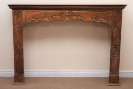 Victorian style walnut fire surround, projecting cornice, carved detailing, W178cm, H126cm,