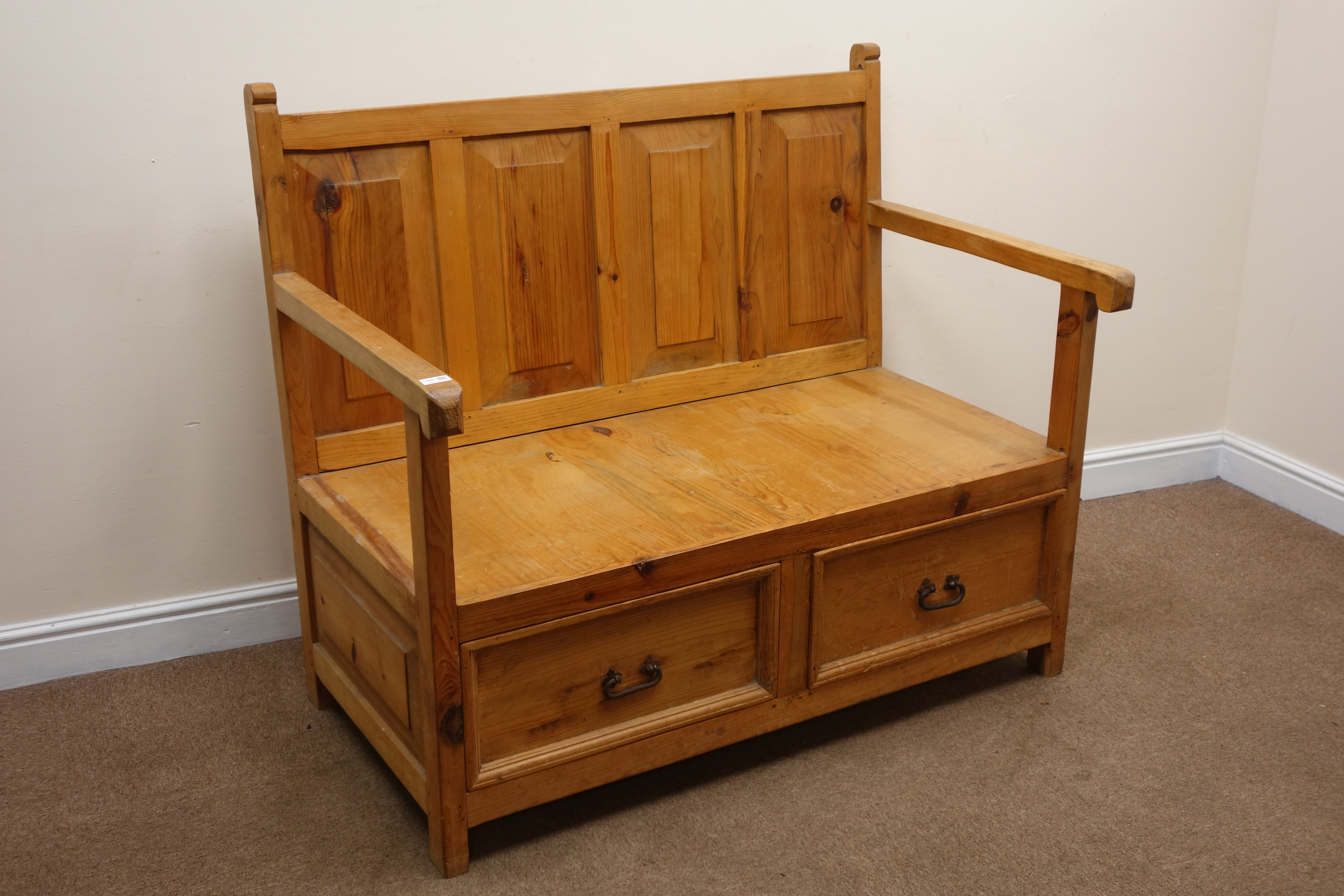 Waxed pine Monks bench, four panel back, solid seat, two drawers, stile supports,