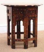Indian bone inlaid hardwood octagonal occasional table on folding stand, D44cm,
