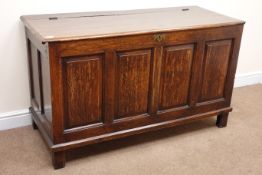 Early 19th century oak blanket box, hinged lid, panelled sides, stile supports, W135cm, H79cm,