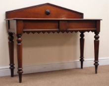 Victorian mahogany side table, raised shaped back, single drawer to end, shaped apron,