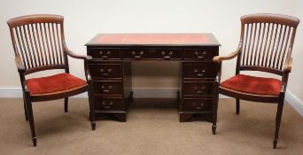 Regency style leather inset top twin pedestal desk, eight graduating drawers,