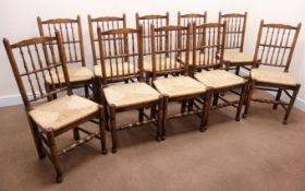 Set ten elm Lancashire spindle back chairs, rush seat,