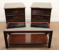 Pair Regency style mahogany filing cabinets, inset leather top, two drawers, plinth base (W56cm,