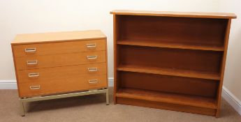 G Plan teak chest, four drawers, metal framed supports (W92cm, H79cm, D44cm) and a teak bookcase,