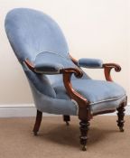 Victorian upholstered open arm chair, upholstered in a light blue fabric, scrolled arms,