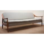 Mid century Danish design teak framed four seat sofa bed, grey upholstered cushions,