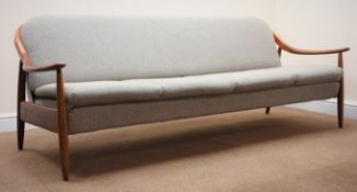Mid century Danish design teak framed four seat sofa bed, grey upholstered cushions,