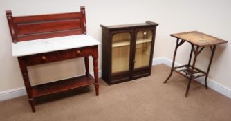 Edwardian stained pine marble top wash stand, raised panelled back,
