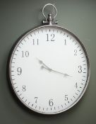 Silver pocket watch style wall clock, Arabic dial, quartz movement, W80cm,