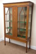 Edwardian inlaid mahogany display cabinet, projecting cornice,