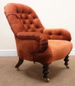 Victorian arm chair, upholstered in deep button upholstered copper Italian embossed silk chenille,