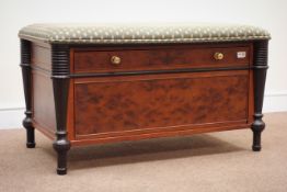 Regency style ottoman, upholstered top above single deep drawer on ebonised support, W92cm, H50cm,