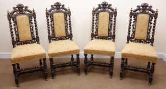 Set four Early 20th century oak Carolean style dining chairs, upholstered back and seat,