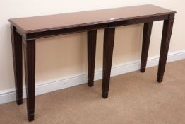 Rectangular mahogany side table, moulded top, six square reeded tapering supports, W154cm, H77cm,