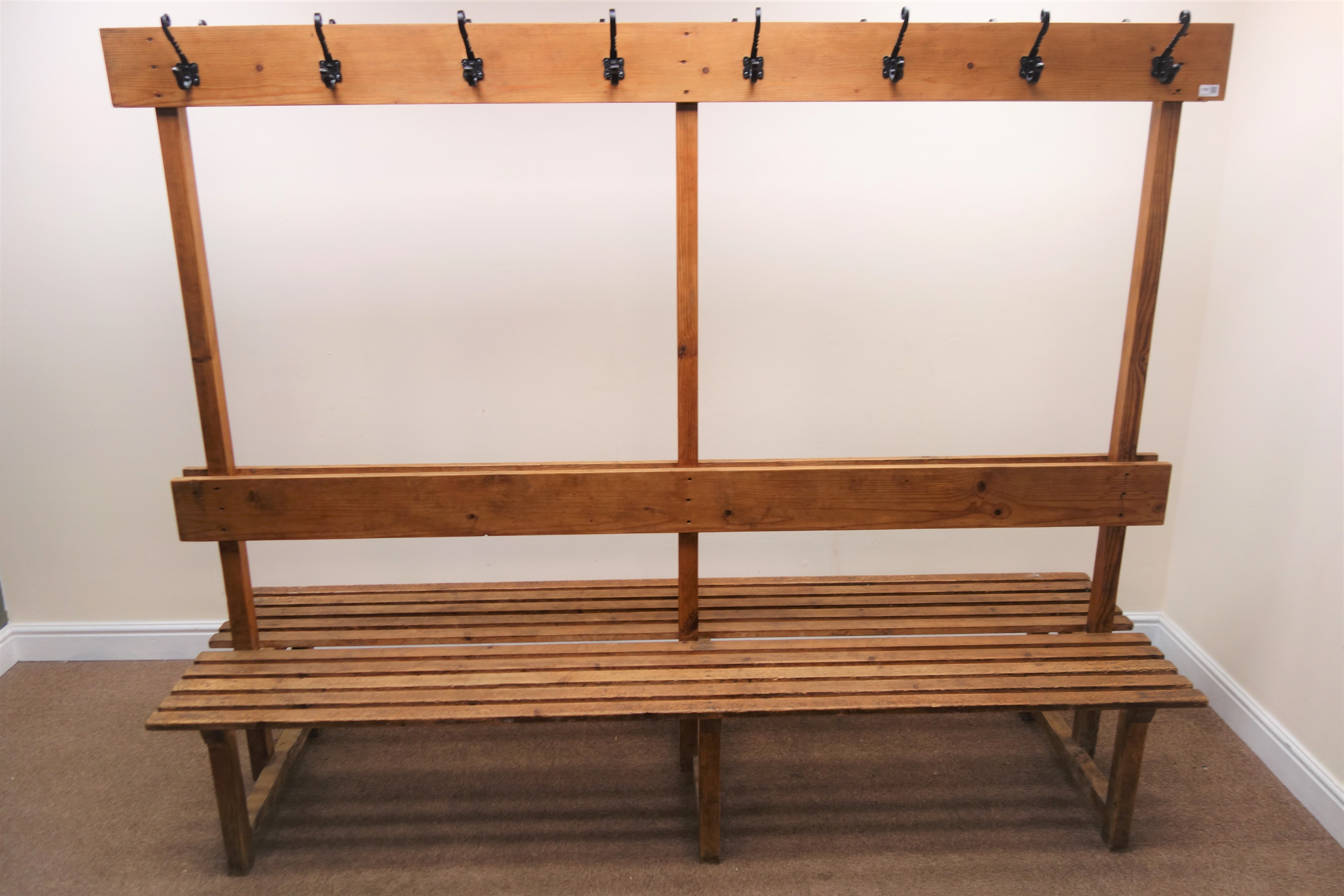 Vintage pine gym changing room back to back benches, raised centre with hooks, W221cm, H180cm, - Image 2 of 2