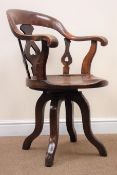 Victorian mahogany swivel office chair, pierced inverted heart splat, solid seat, shaped supports,