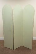Painted three sectional folding changing screen, arched top, W132cm,