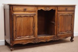 Early 20th century French style walnut dresser base, moulded top,