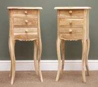 Pair French style unfinished hardwood bedside chests, shaped moulded top, three drawers,