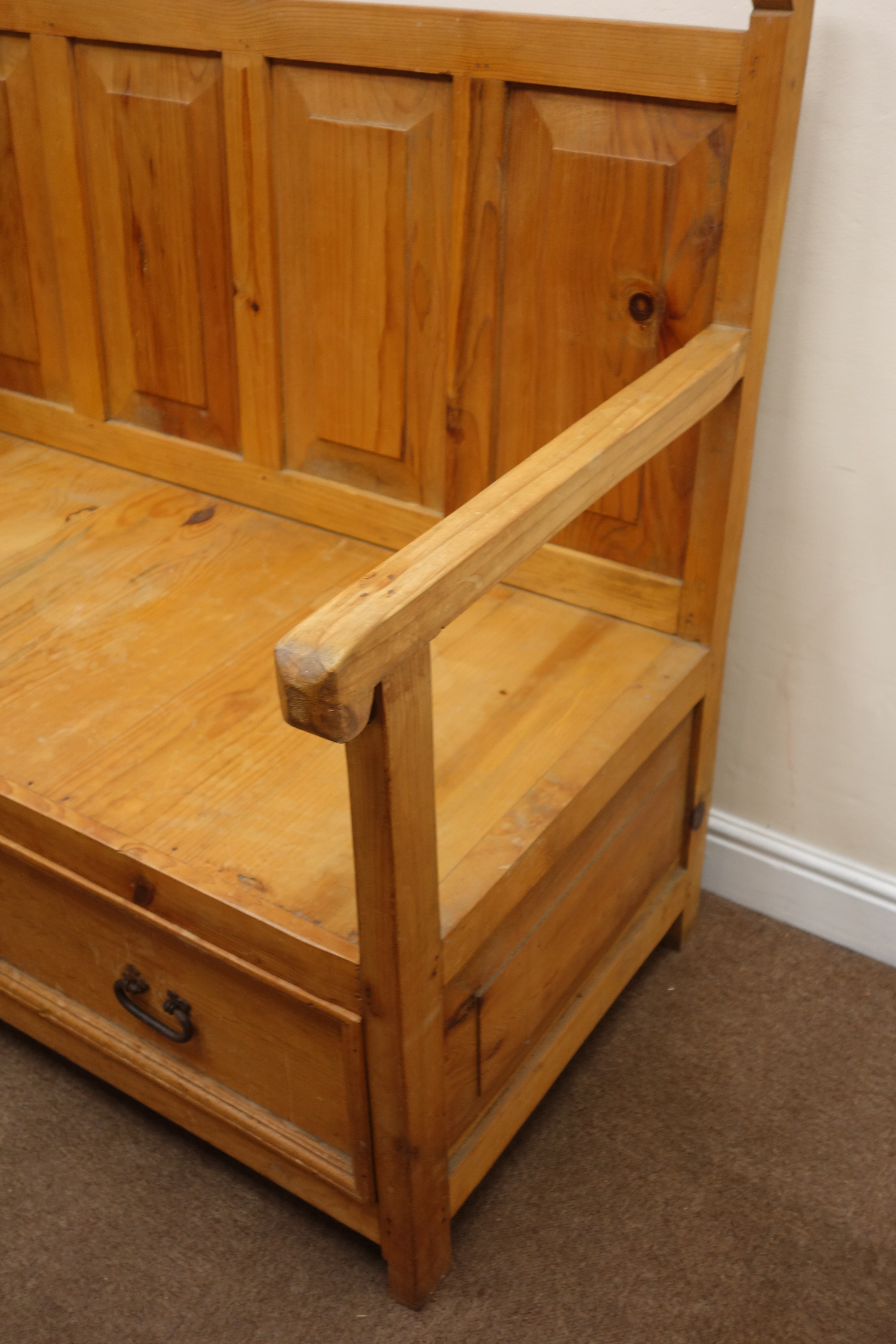 Waxed pine Monks bench, four panel back, solid seat, two drawers, stile supports, - Image 3 of 3