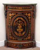 French inlaid kingwood corner cabinet, shaped marble top,