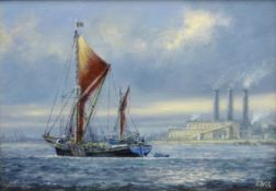 Jack Rigg (British 1927-): 'Sailing Barge Thalatta going up to Ipswich 1980', oil on board signed,