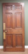 Mahogany six panel door, brass push plates and handle, W90cm,