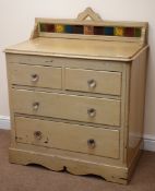 Edwardian scumbled pine chest, raised tiled back, two short and two long drawers,