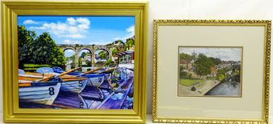 Rowing boats on Nidd at Knaresborough, oil on board signed with initials D D, 'The River Nidd,