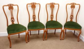 Set four Edwardian oak dining chairs, shaped carved and pierced splat, upholstered seat,