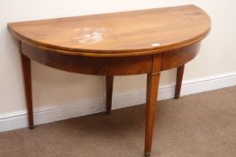 French walnut demi lune table, square tapering brass capped supports, W130cm, H73cm,