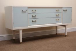 G Plan sideboard, white and duck egg blue painted finish, three drawers flanked by two cupboards,