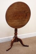 George III mahogany tea table, circular snap top on turned column and tripod splay legs,