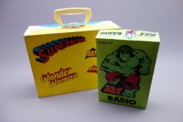 SuperHeroes child's portable record player by Dejay Corp. Holbrook, Mass.