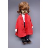 Lenci pressed-felt girl doll, brown painted side glancing eyes, brown bobbed mohair wig,