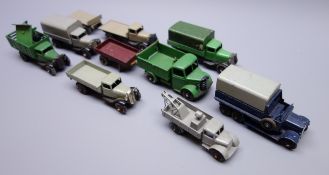 Dinky - eight unboxed and playworn early die-cast commercial vehicles including breakdown truck,