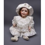 SFBJ 'Laughing Jumeau' bisque head doll with applied hair, sleeping brown eyes,