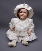 SFBJ 'Laughing Jumeau' bisque head doll with applied hair, sleeping brown eyes,