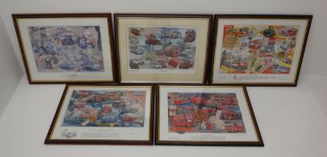 After Paul Atchinson, set of five limited edition colour prints of buses - 'Red Recollections' No.