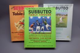 Three Subbuteo sets comprising Table Cricket, Table Soccer and Table Rugby,