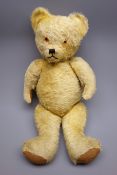 1940s large plush covered teddy bear with applied eyes, stitched nose and mouth, revolving head,