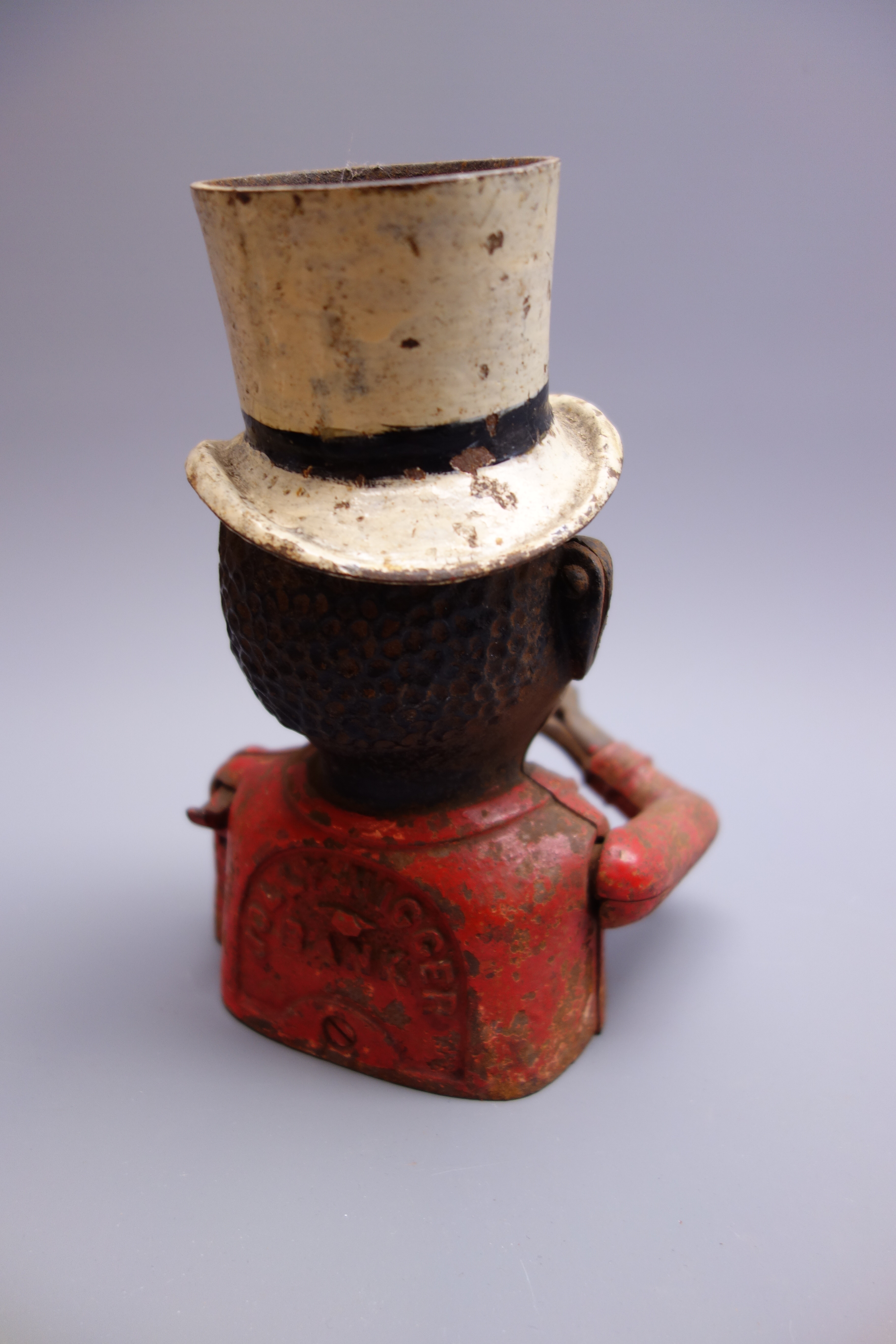 Cast iron mechanical money box as the head and shoulders of a jolly man wearing a white top hat, - Image 2 of 2