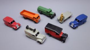 Dinky - seven unboxed and playworn early commercial vehicles including Loudspeaker 'Public Address